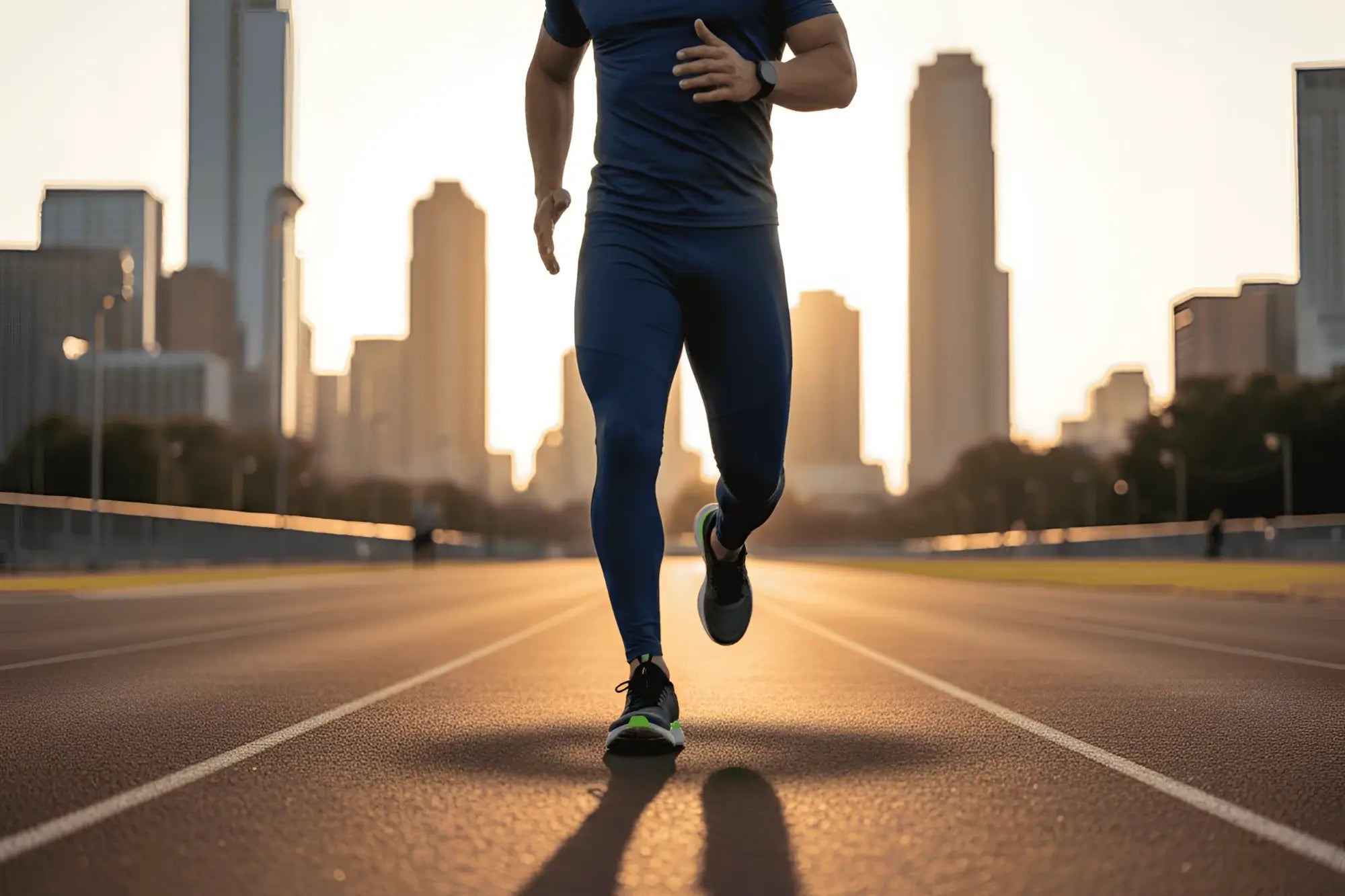Black and neon green running shoe with sleek athletic design paired with arroyman bulge runner tights navy rnr006s