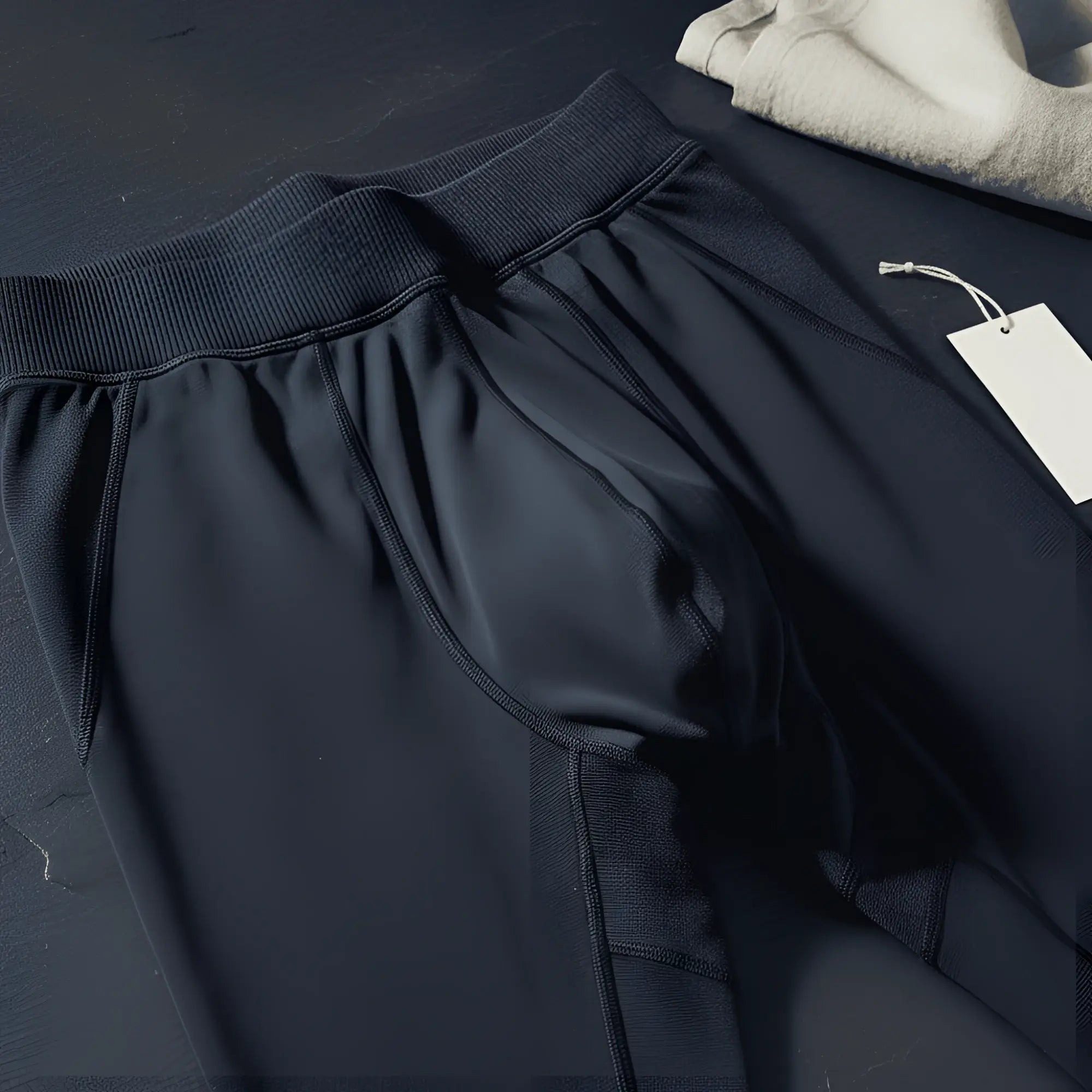 Navy blue arroyman bulge runner tights with ribbed elastic waistband and subtle seam detailing in athletic sweatpants style