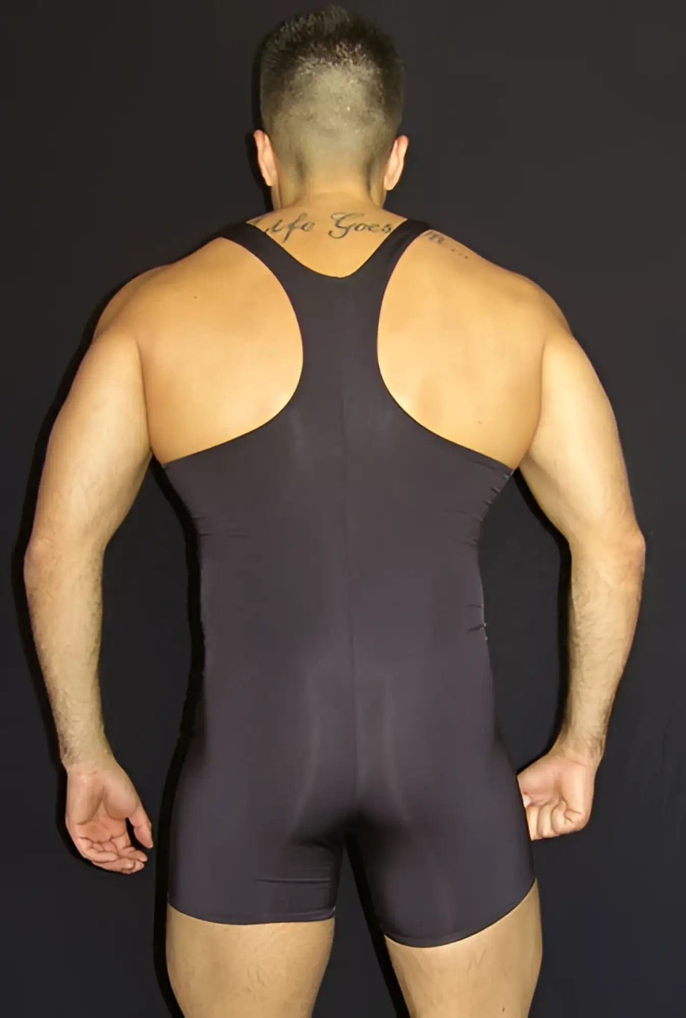 Arroyman string bodysuit black BY02 size L in black form-fitting wrestling singlet with racerback design back view