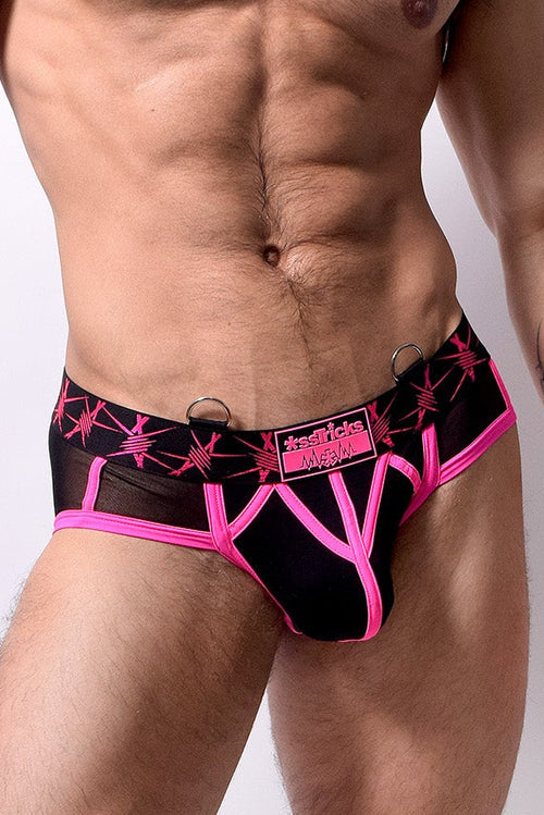 Stinger brief black and pink mesh briefs with bold geometric design neon pink trim and barbed wire patterns