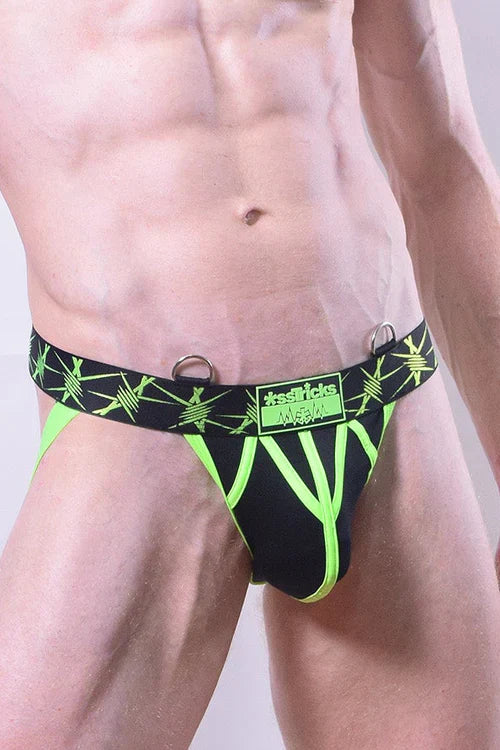 Black and neon green patterned stinger jockstrap men’s briefs with branded label for comfortable support