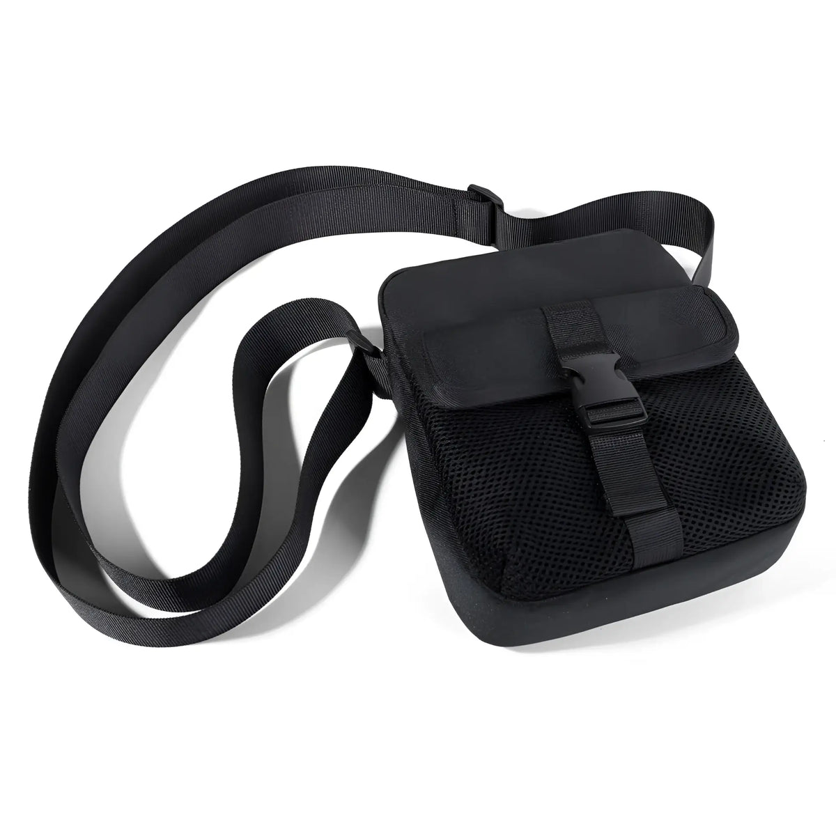 Athletic crossbody bag in black mesh with durable nylon strap and front flap secured by plastic buckle