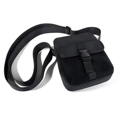 Athletic crossbody bag in black mesh with durable nylon strap and front flap secured by plastic buckle