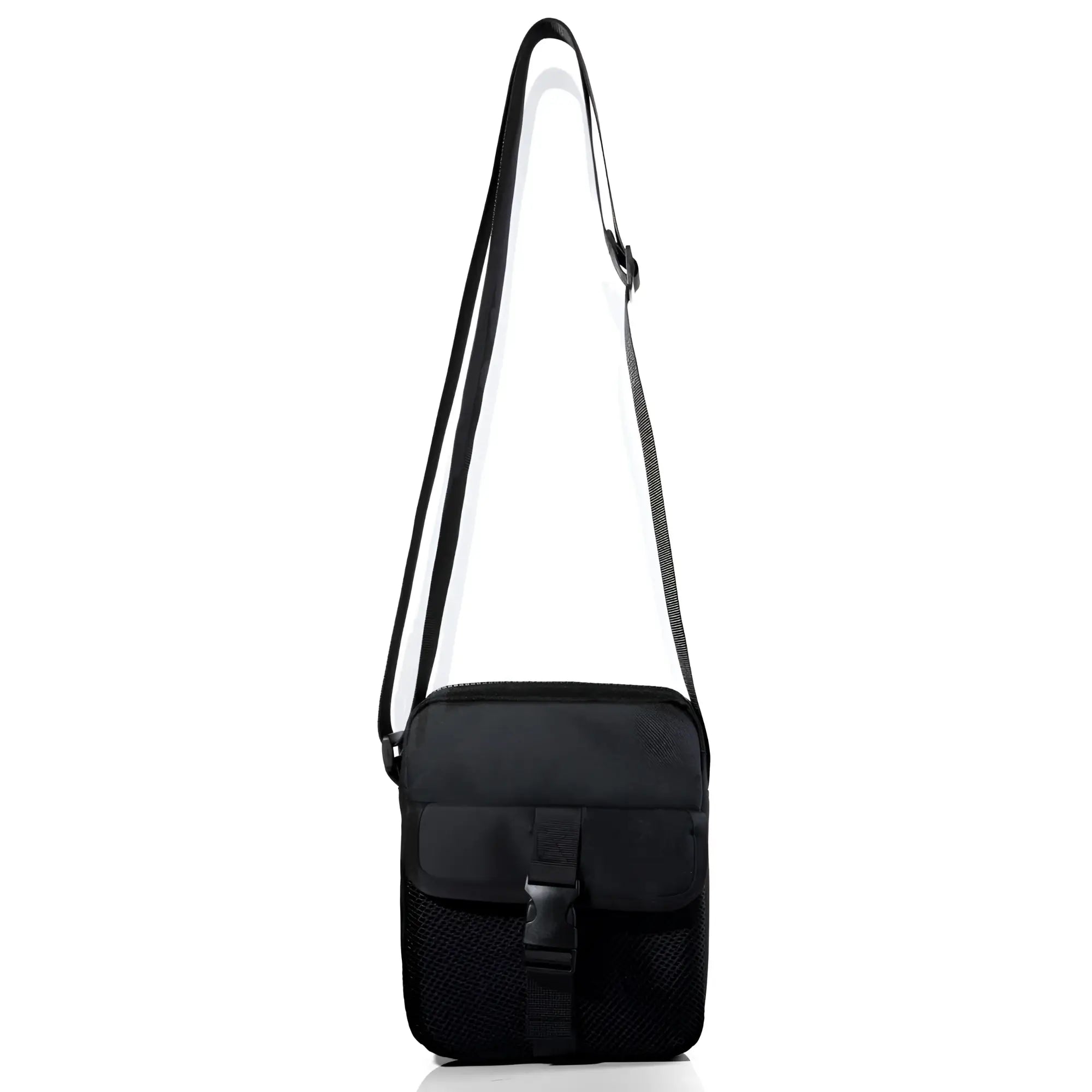 Black athletic crossbody bag with mesh panel and adjustable strap for hands-free carrying