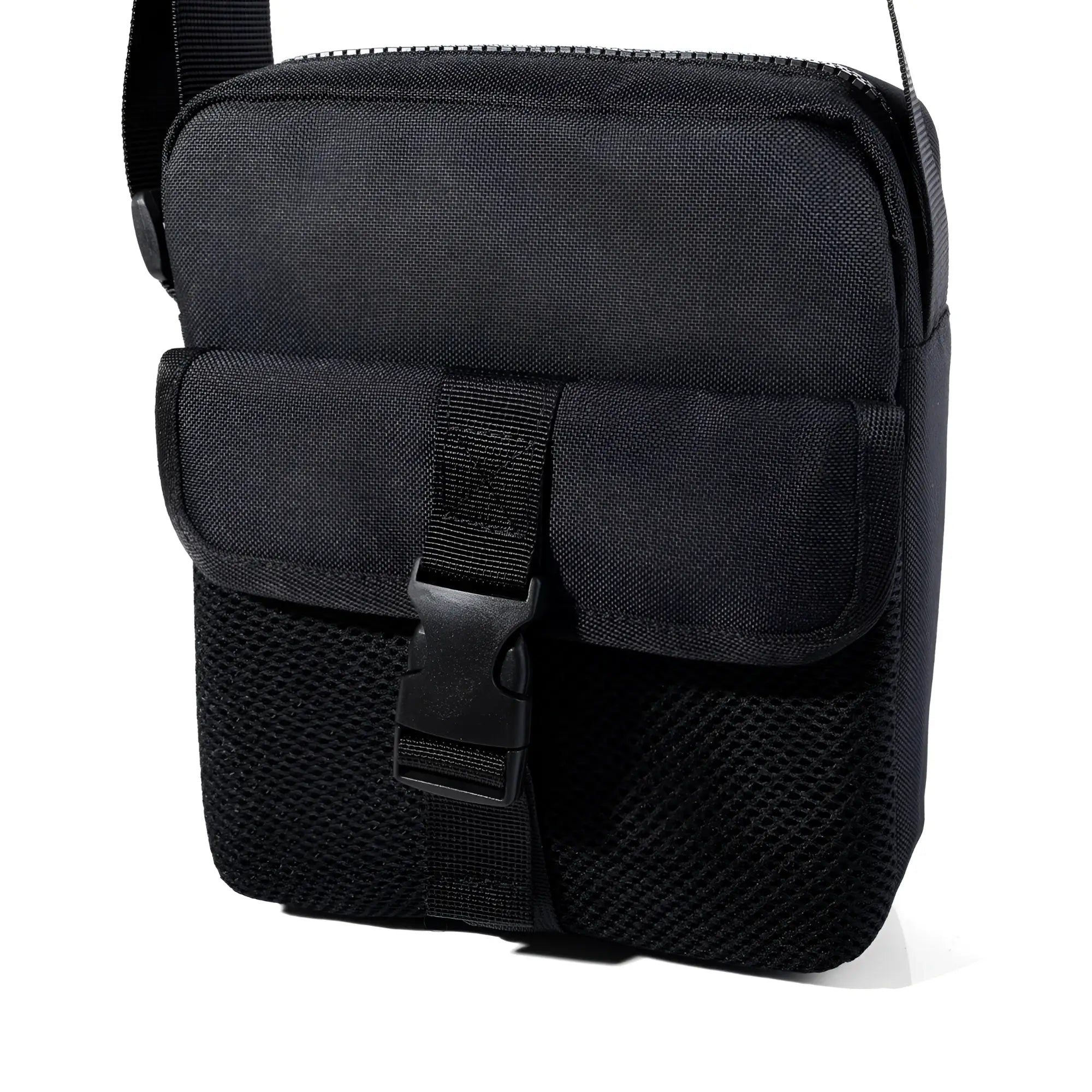 Black athletic crossbody bag with mesh panels and buckle closure designed for tactical and sports use