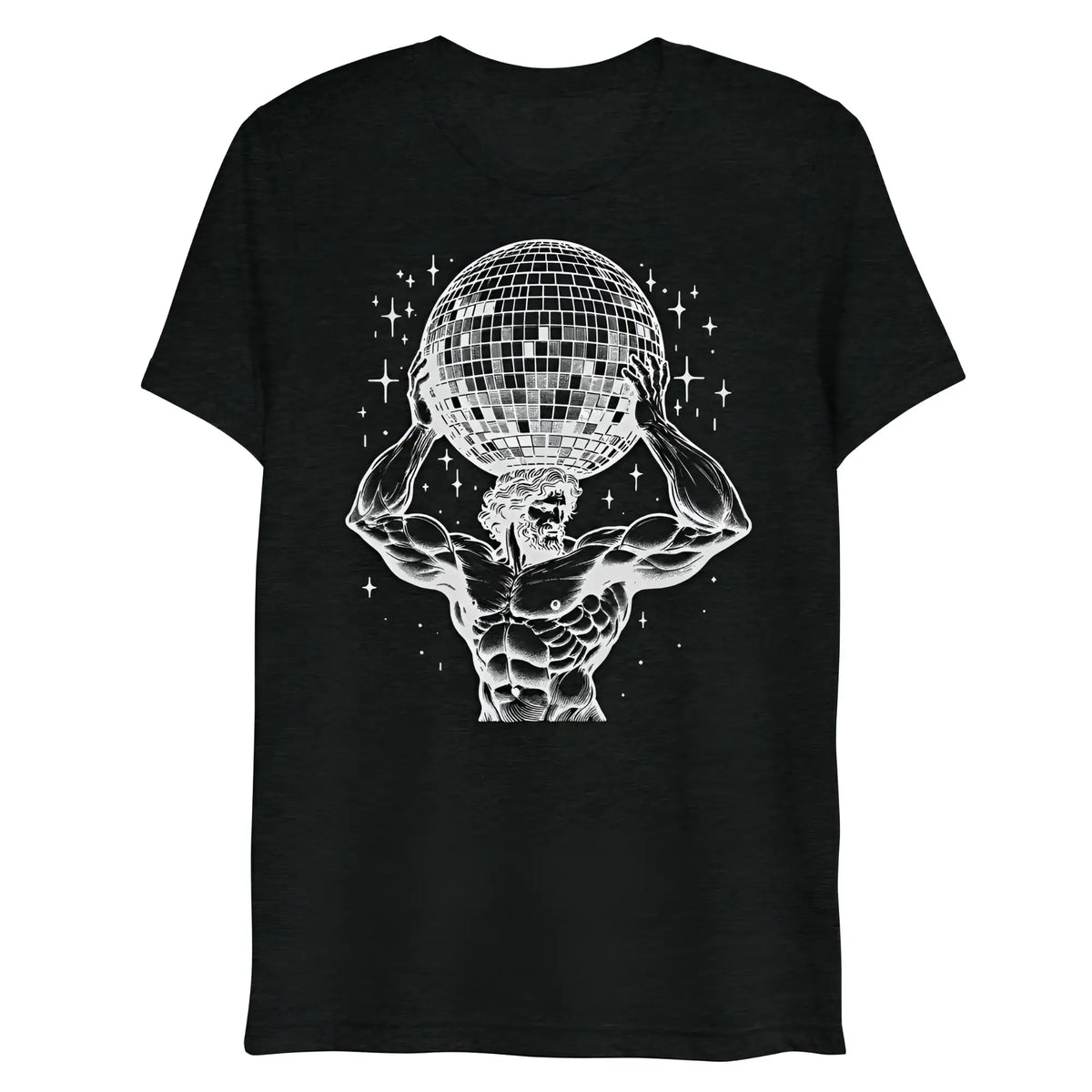 Black heathered t-shirt featuring a white line-art muscular figure holding a disco ball with starbursts atlas boogie design