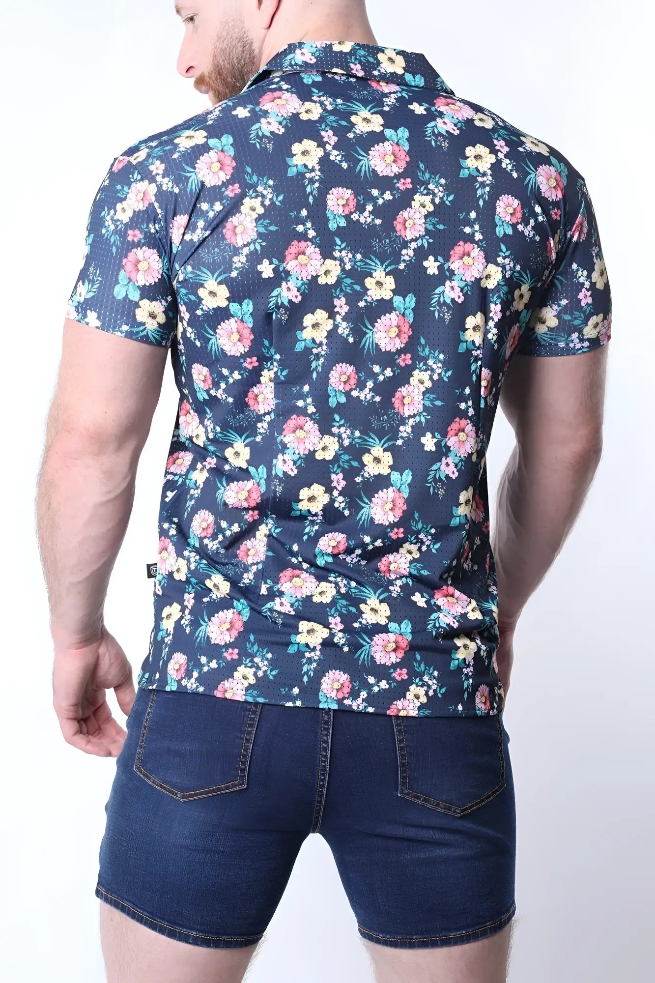 Balboa button down shirt navy blue short-sleeved with vibrant pink yellow and light green floral pattern