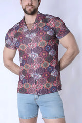 Balboa button down shirt with vibrant short sleeves and bold overlapping circular mandala patterns in purple pink and teal