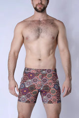 Balboa hybrid swim short men’s patterned swim trunks with vibrant mandala design in purple pink green and brown
