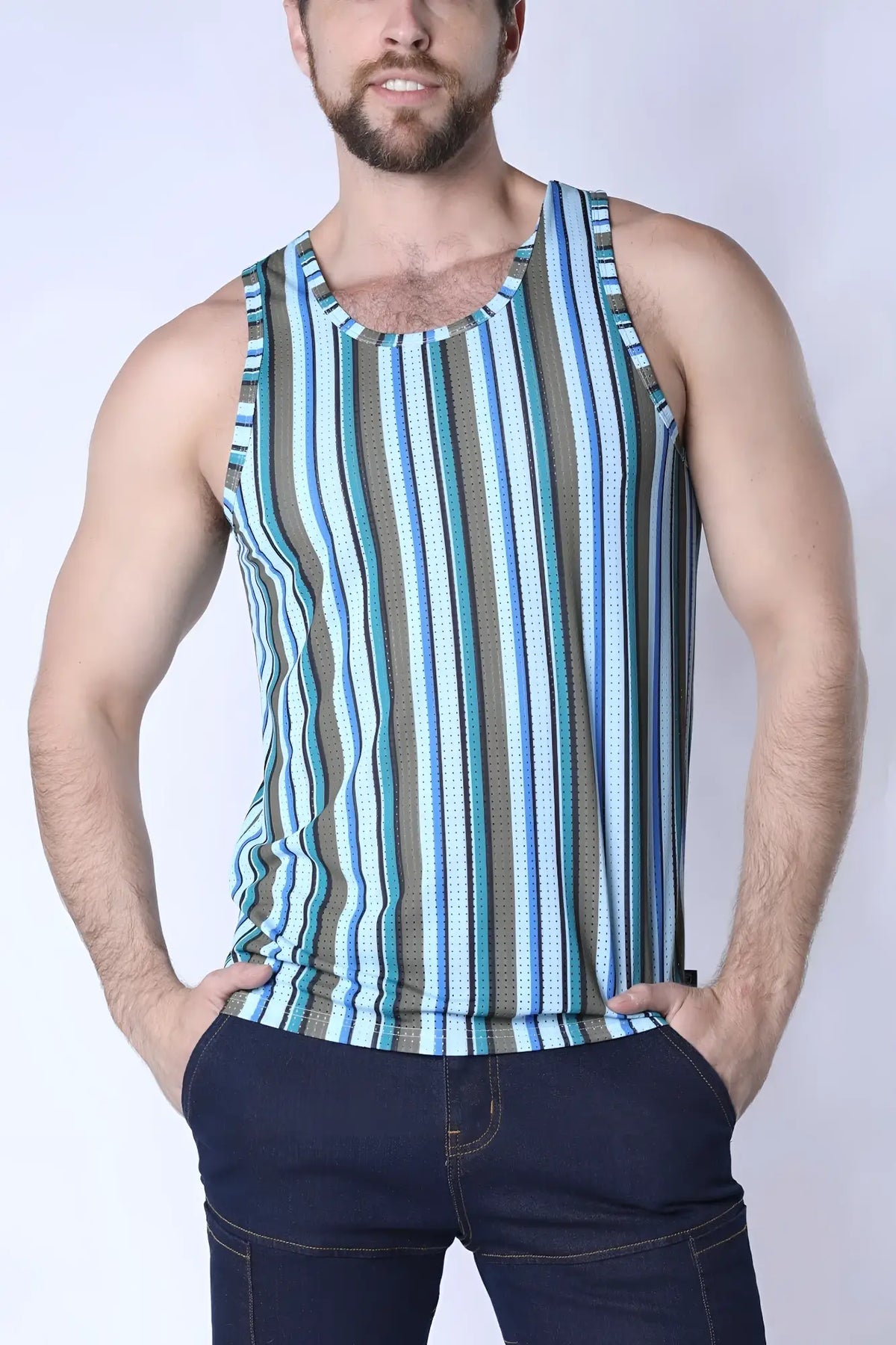 Balboa mesh tank top men’s sleeveless with vertical blue teal and gray stripes and breathable mesh texture