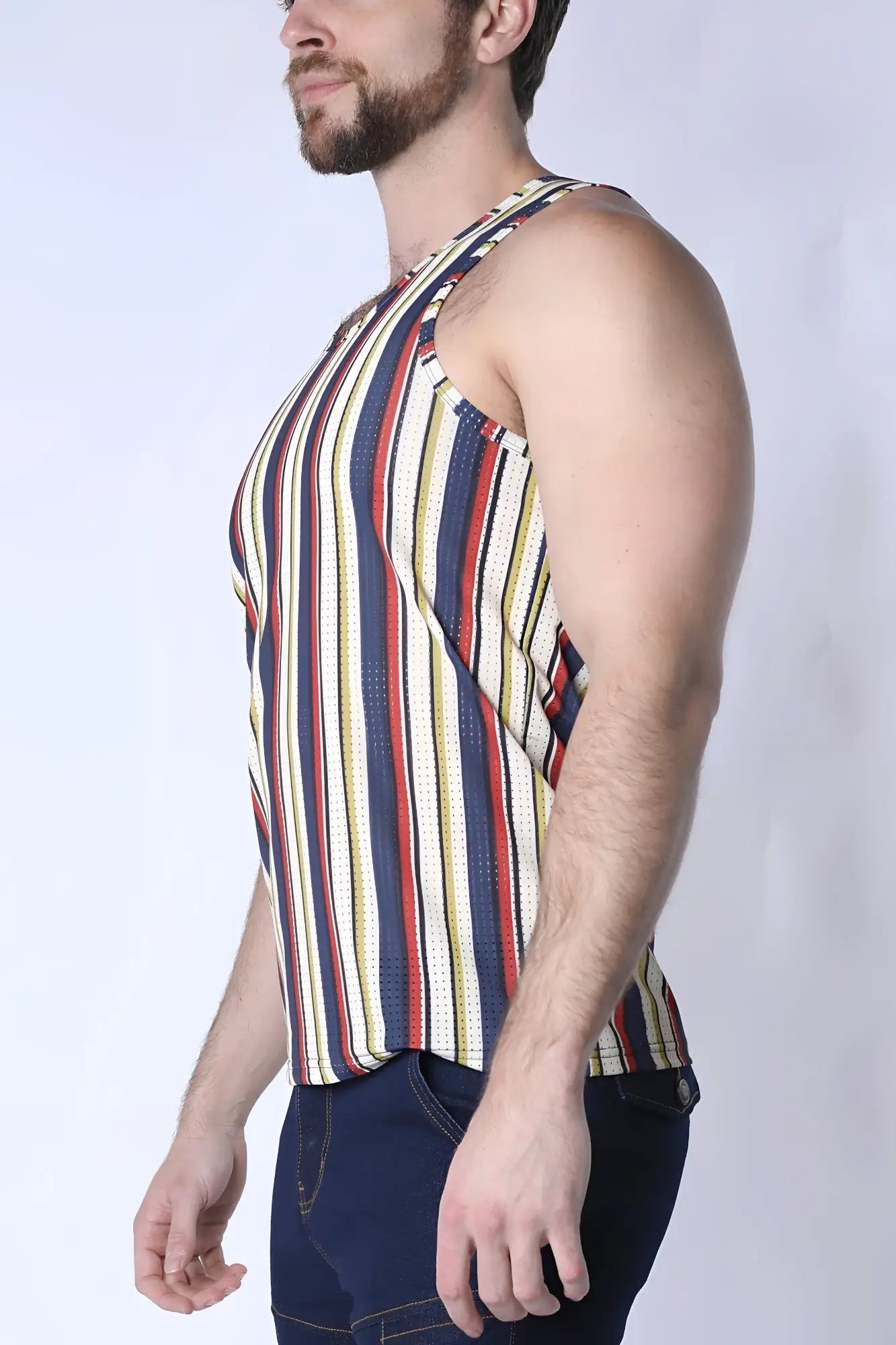 Balboa mesh tank top with vertical navy blue red yellow and cream mesh stripes for men