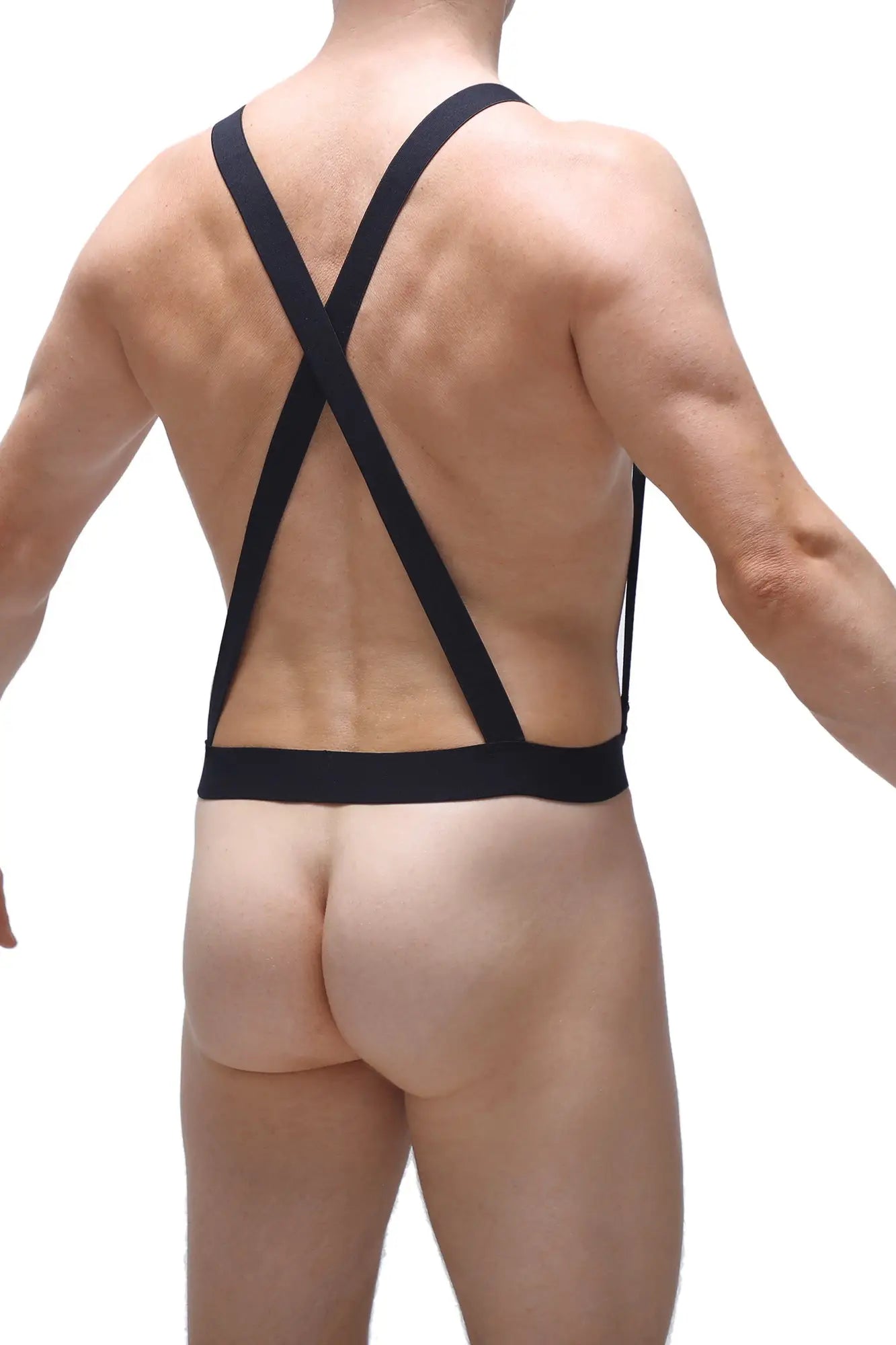Black cross-back strappy ball-lifter bodysuit showing back side with adjustable shoulder straps and sleek design