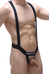 Black petitq brand ball-lifter bretelles suspenders with thong-style design showing the back side of the product