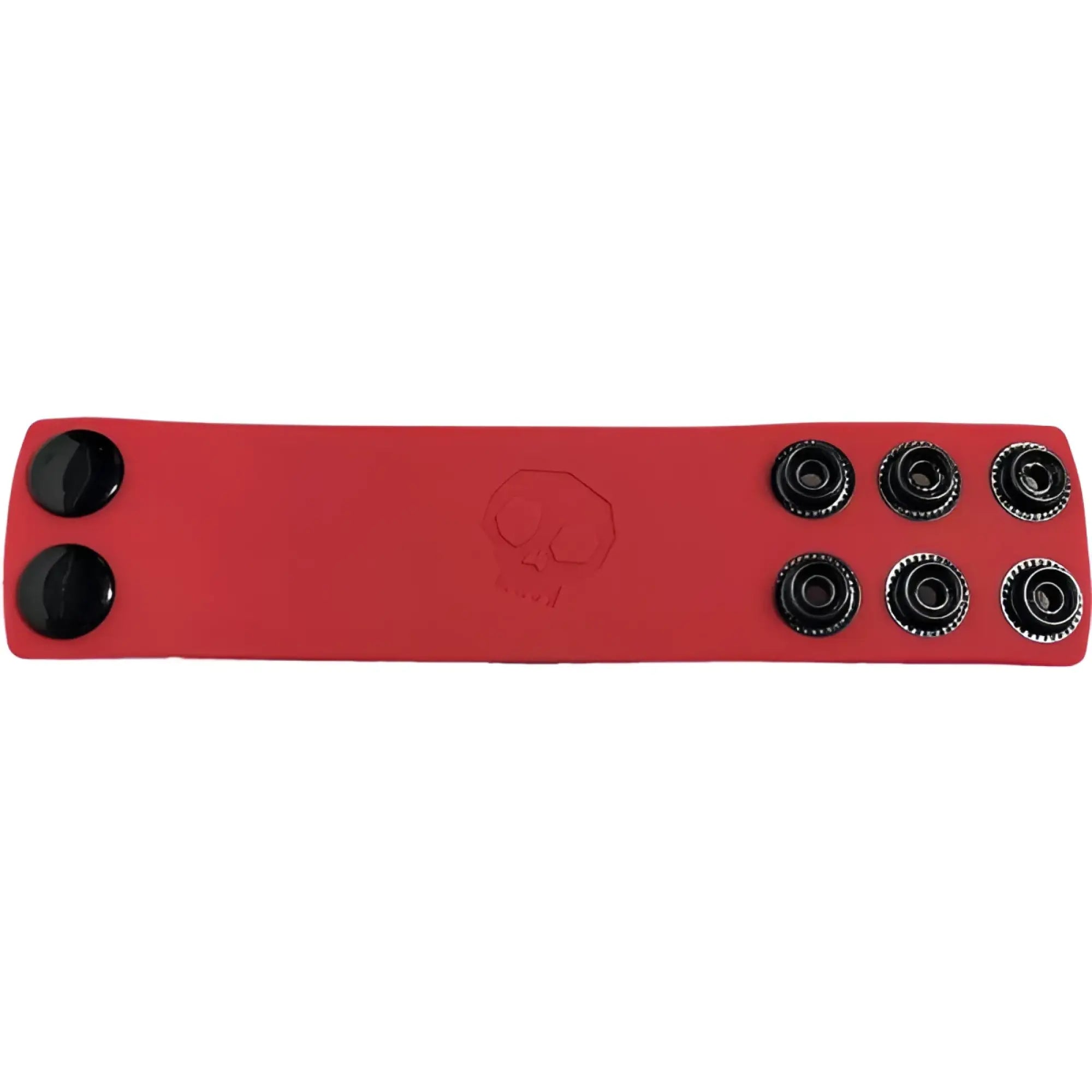 Red leather wristband ball strap with black snap buttons and debossed skull emblem