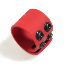 Red silicone wristband with black metal snap buttons from ball strap collection for secure fit and style