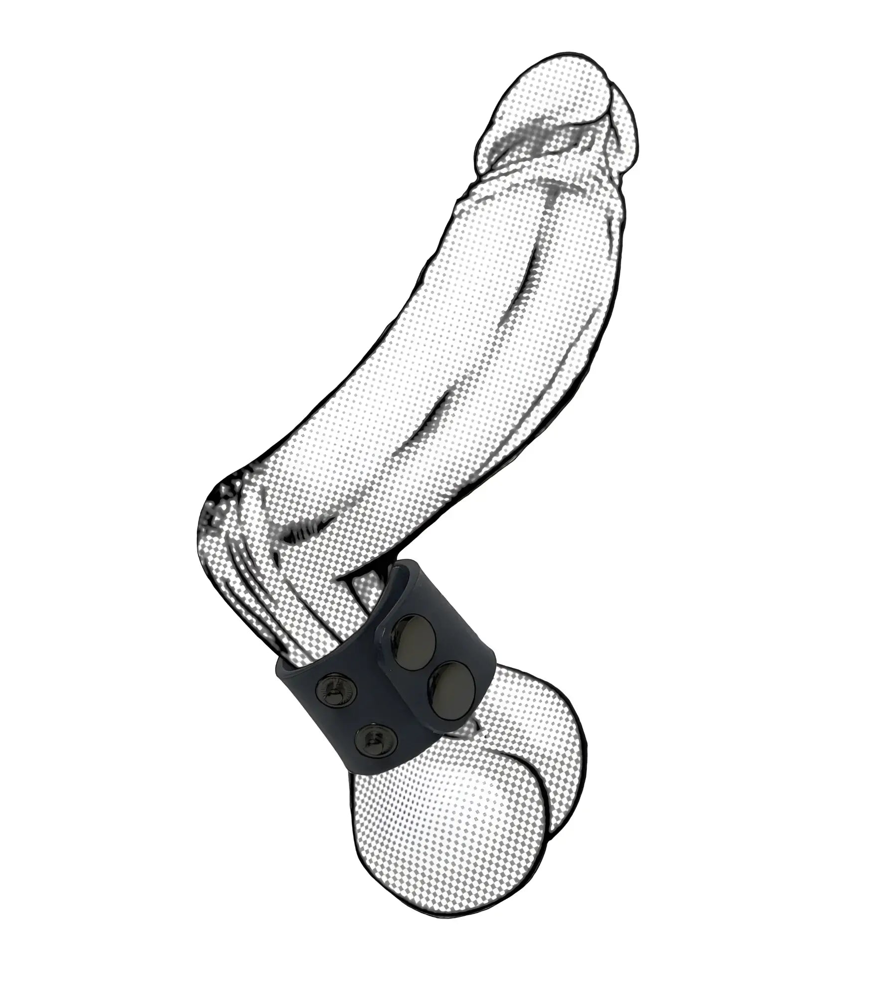 Black leather ball strap with yellow detailing and three circular metal studs wrapped around phallic-shaped object