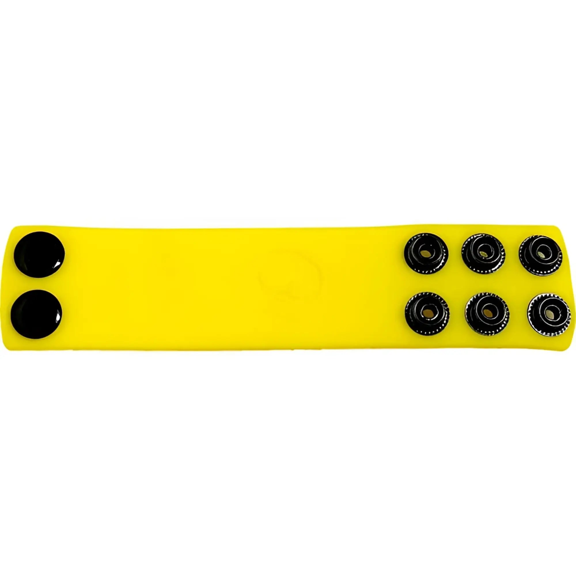 Bright yellow silicone ball strap wristband with six black snap buttons arranged in two rows