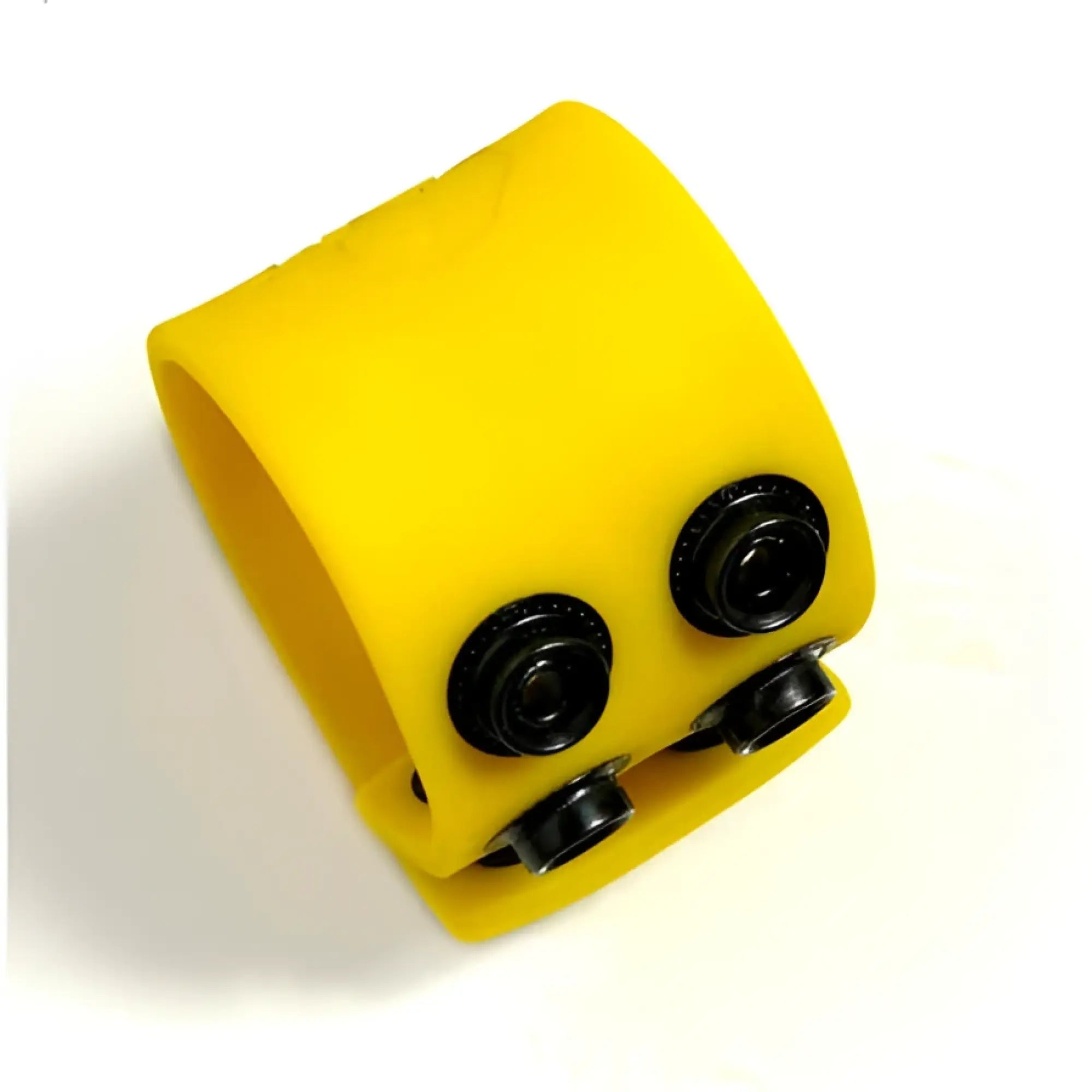 Bright yellow silicone wristband ball strap with two black snap buttons on the front for secure fastening