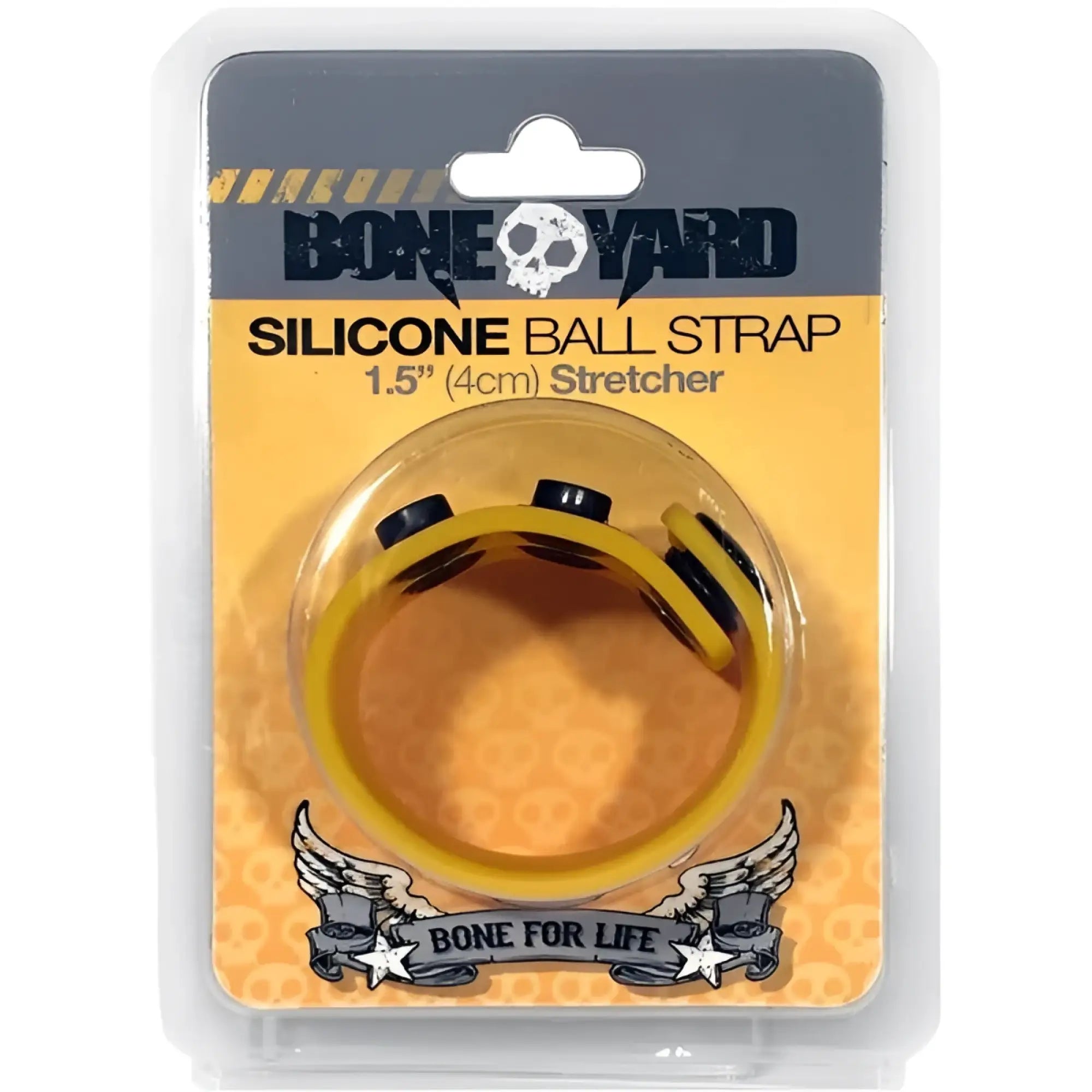 Yellow silicone ball strap with black rubberized ends branded as bone yard for secure grip and durability