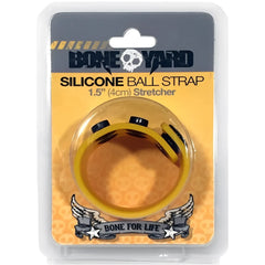 Yellow silicone ball strap with black rubberized ends branded as bone yard for secure grip and durability