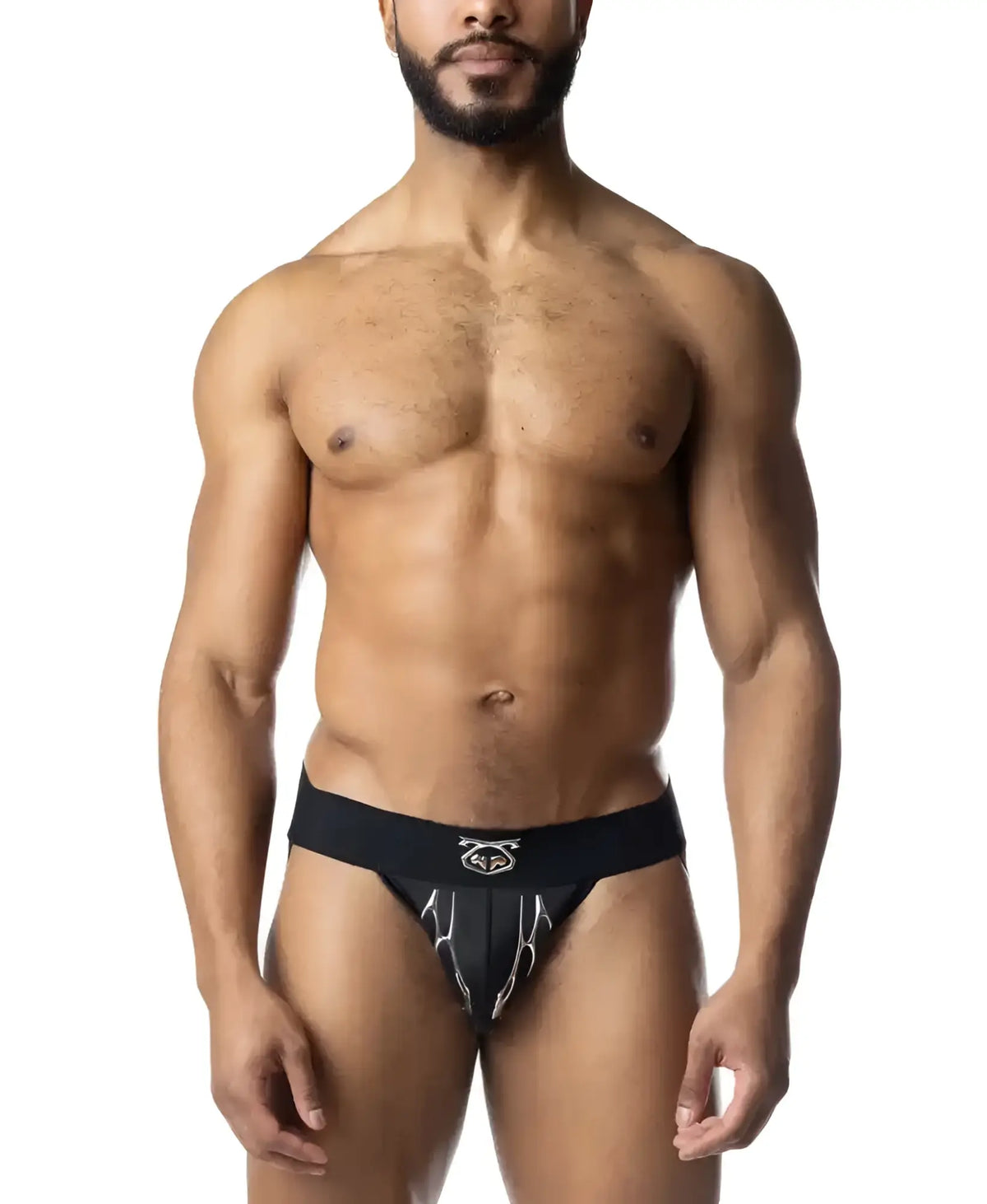 Black barbed wire jockstrap with white lightning bolt design and logo on the waistband athletic briefs