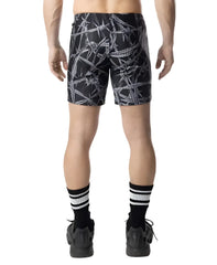 Black rugby shorts with white barbed wire pattern designed for comfort and performance