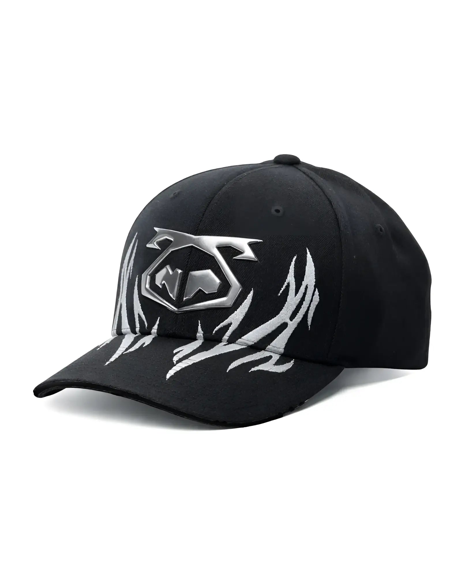 Black baseball cap barbed wire snout cap with silver metallic logo and flame embroidery on the front