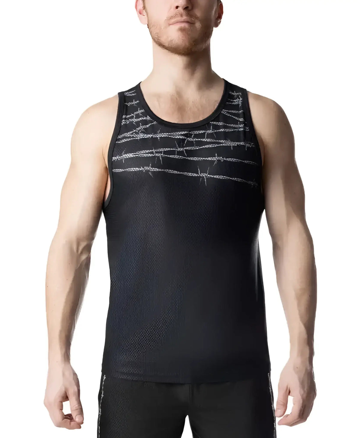 Black athletic tank top featuring a subtle silver barbed wire pattern across the chest for active wear