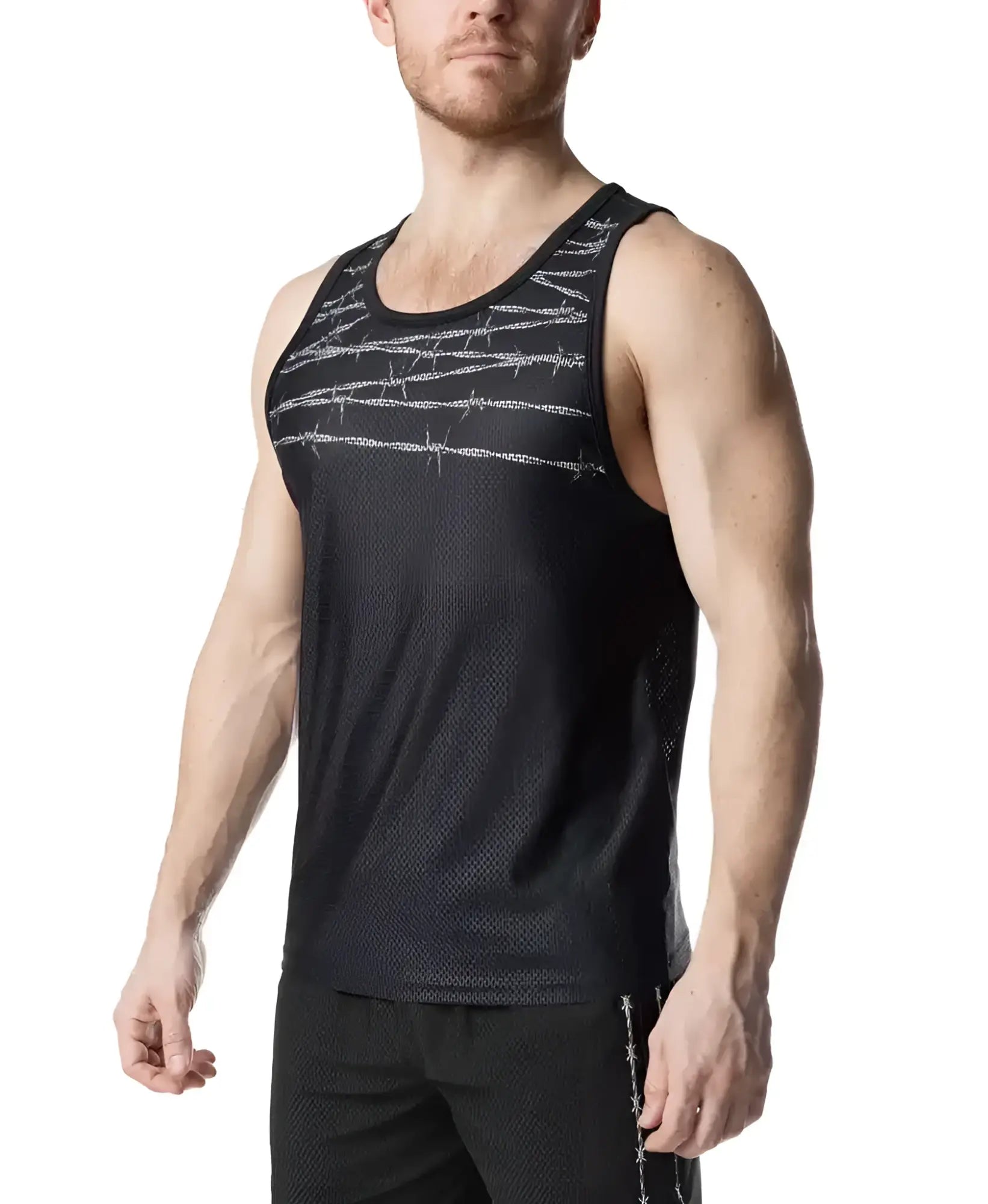 Black athletic tank top with subtle silver barbed wire pattern across chest and matching side seam detailing