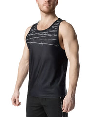 Black athletic tank top with subtle silver barbed wire pattern across chest and matching side seam detailing