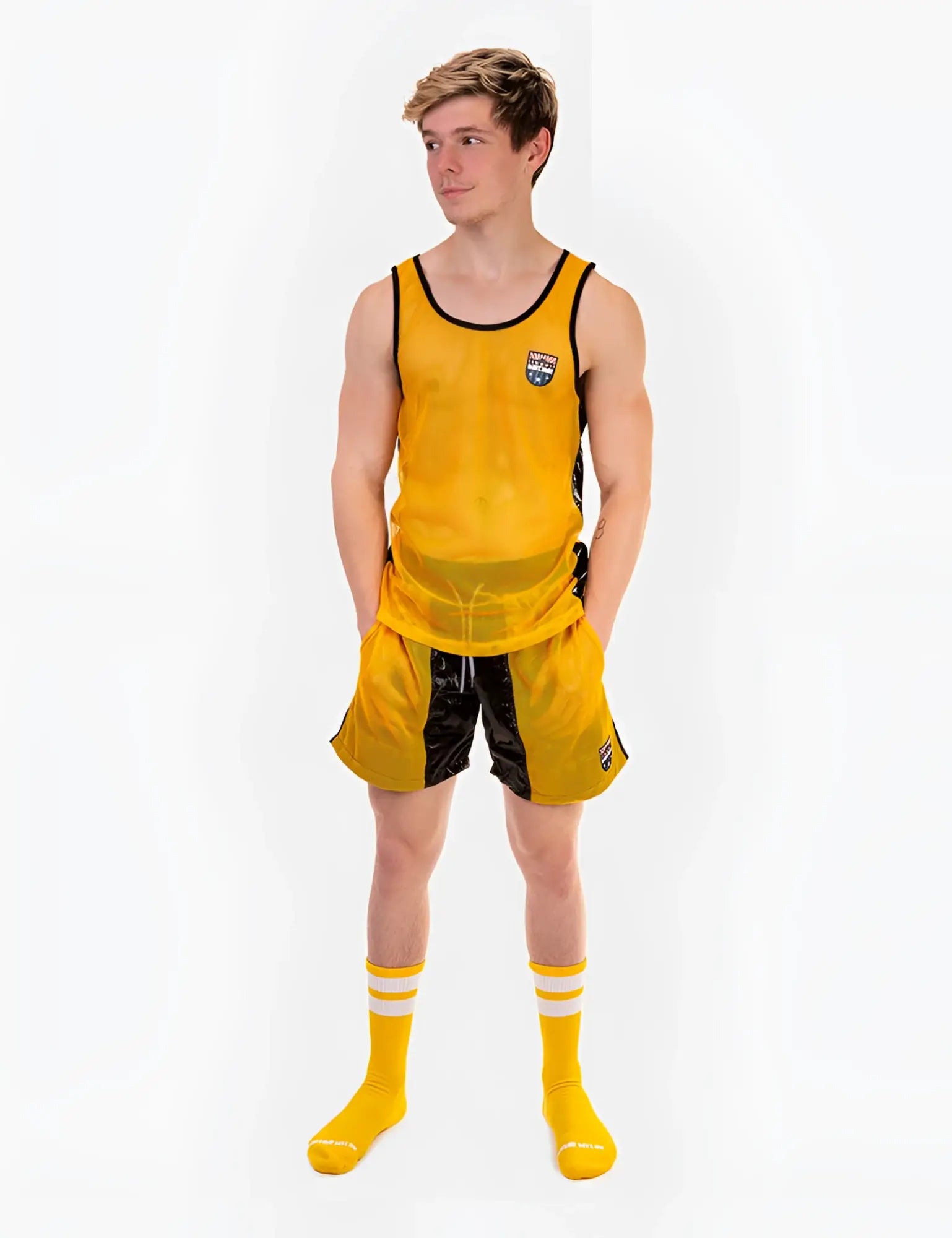Yellow barcode berlin carlos mesh tank top t shirt with black trim and small chest logo size s
