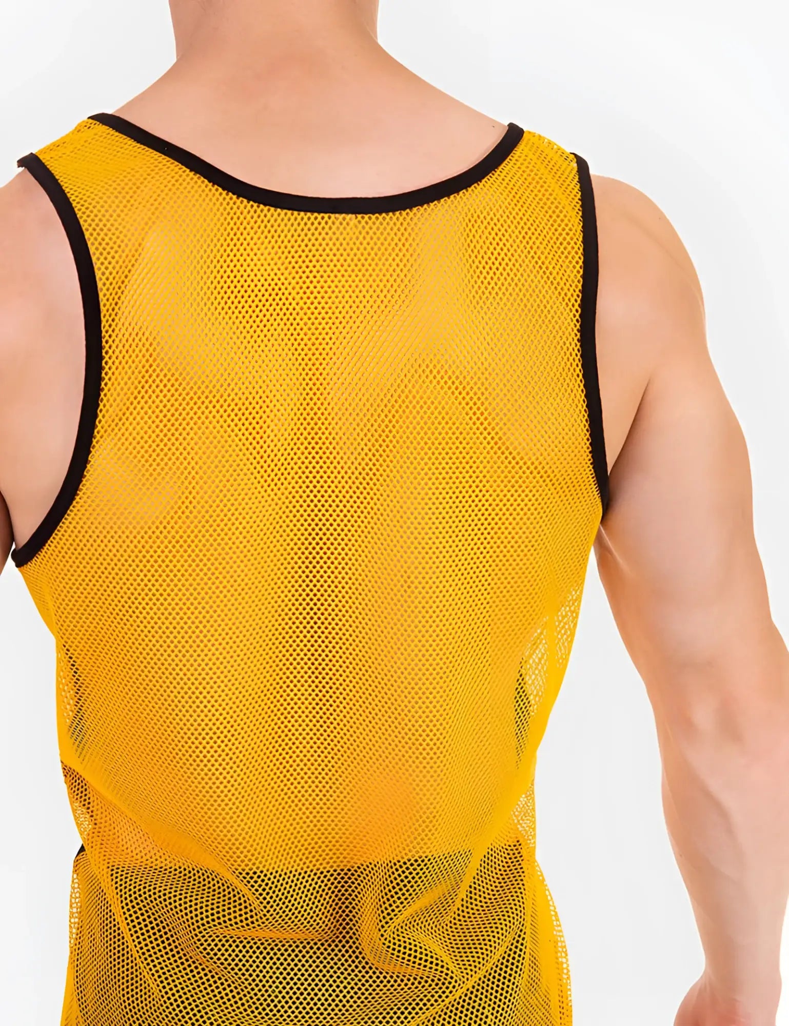 Barcode Berlin Carlos mesh tank top yellow with black trim featuring bright yellow mesh fabric and black neckline and armholes