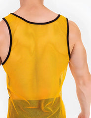 Barcode Berlin Carlos mesh tank top yellow with black trim featuring bright yellow mesh fabric and black neckline and armholes