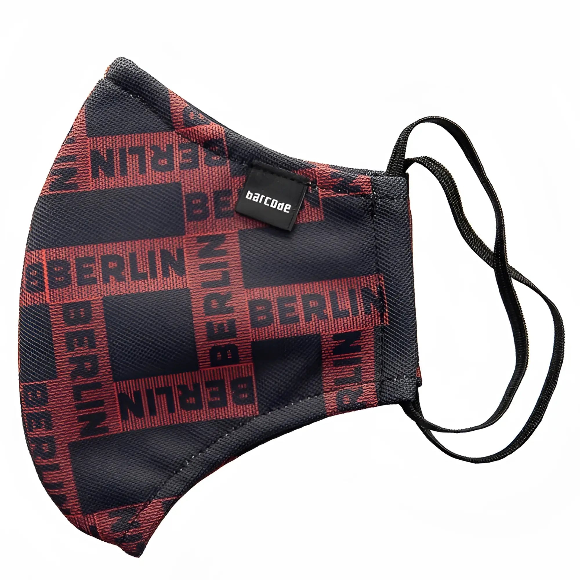 Black and red patterned face mask with berlin text grid design and black elastic ear loops size one size