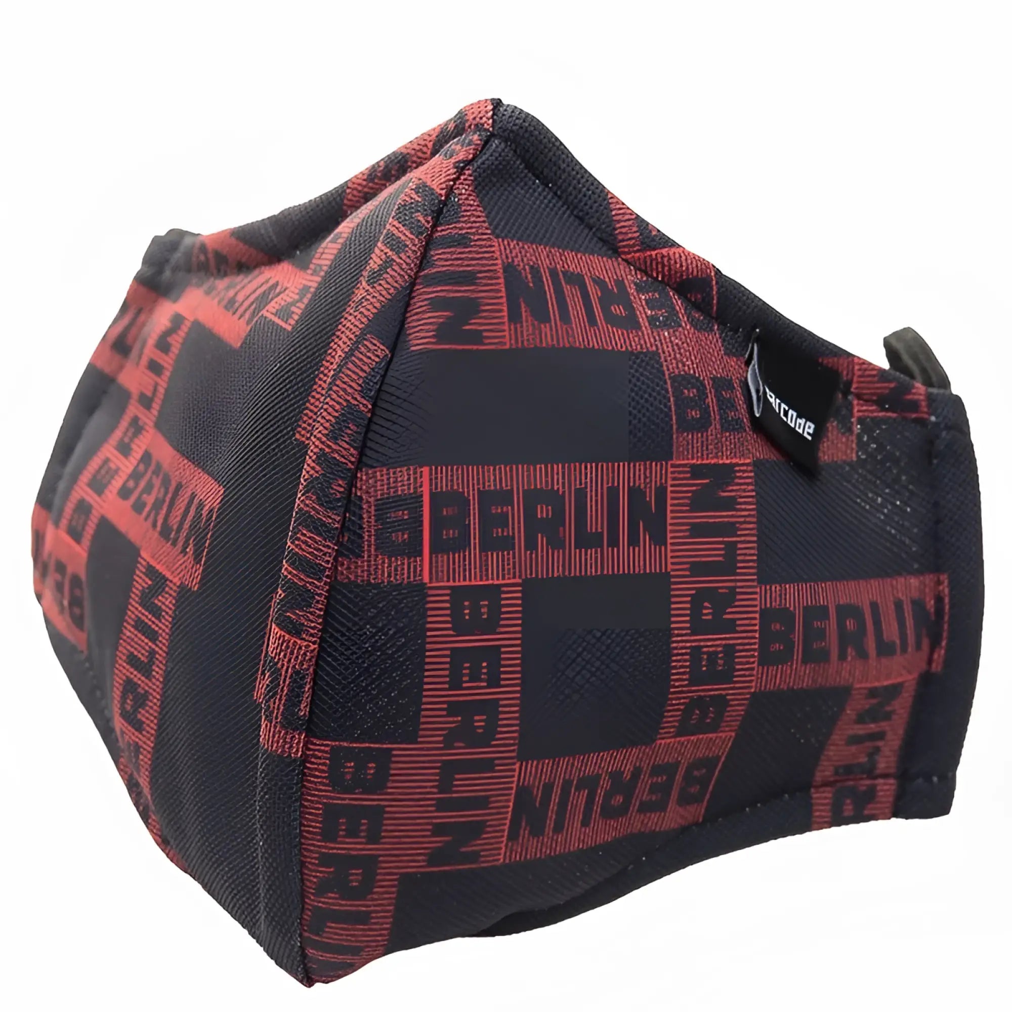 Black and red patterned unisex face mask with berlin text design from barcode berlin in one size