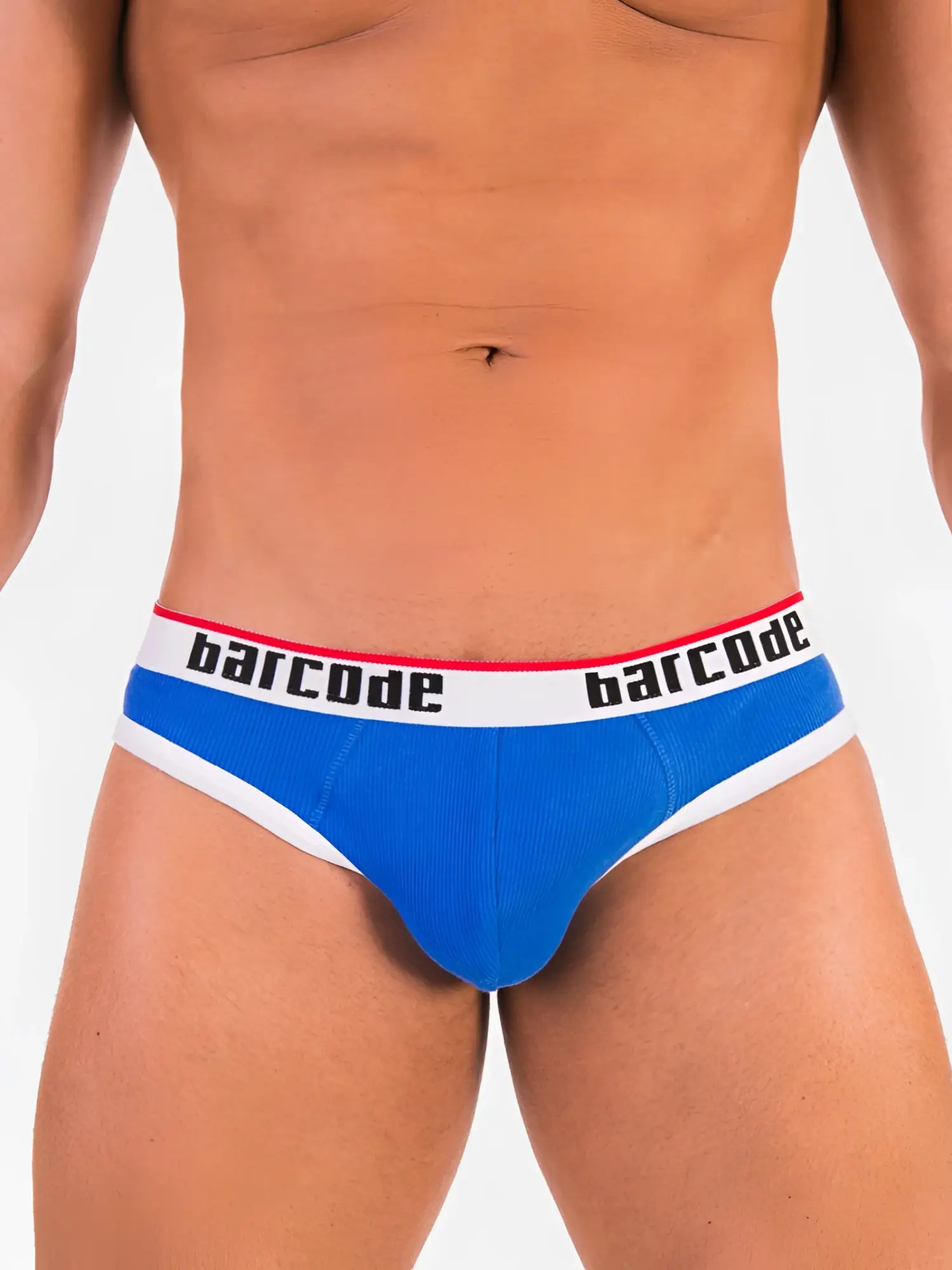 Blue and white ribbed barcode berlin dani hole backless jock brief underwear size l showing back side