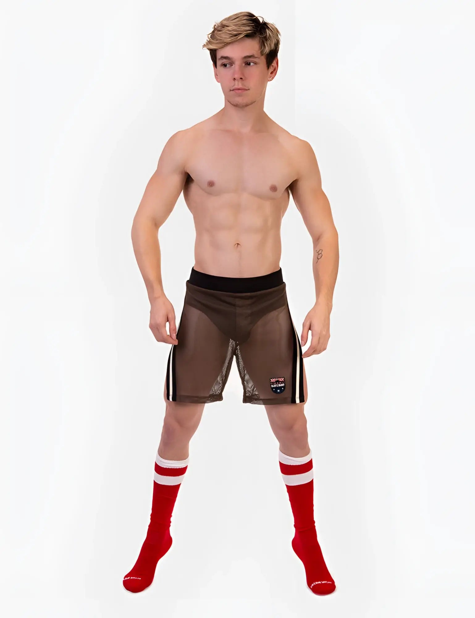 Brown mesh athletic shorts with black waistband and white side stripes barcode berlin eduard split sides size l
