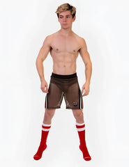 Brown mesh athletic shorts with black waistband and white side stripes barcode berlin eduard split sides size l
