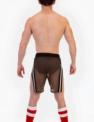 Brown mesh shorts with black waistband and white side stripes from barcode berlin eduard split sides collection size l