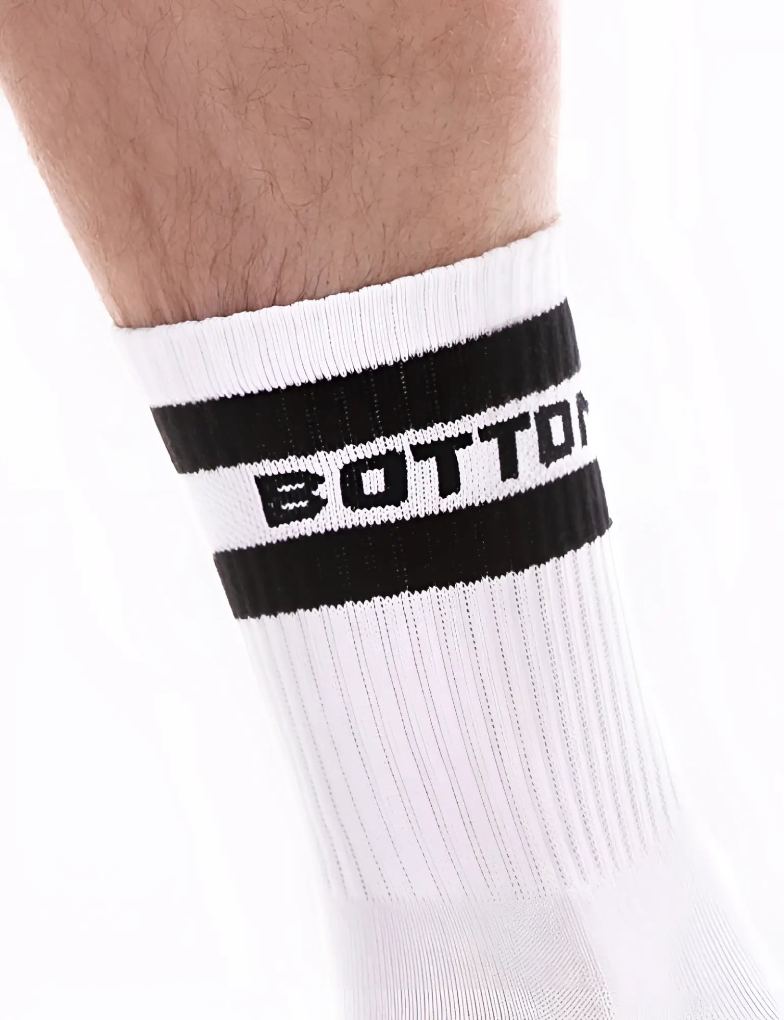 White athletic sock with black ribbed cuff and bold bottom branding by barcode berlin in a sporty design size s/m