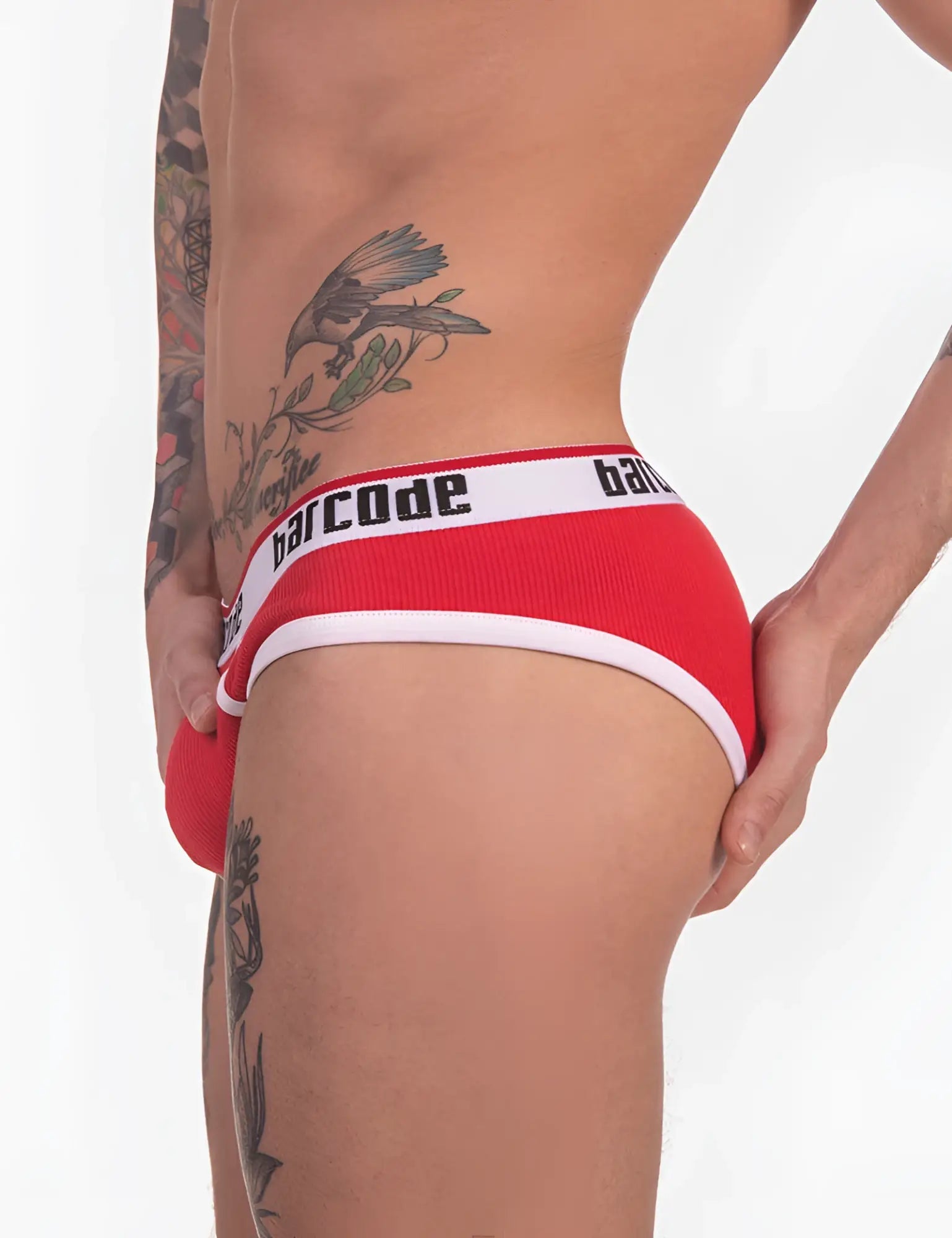 Red barcode brand briefs with white trim and black waistband lettering in size s by barcode berlin kai rib underwear