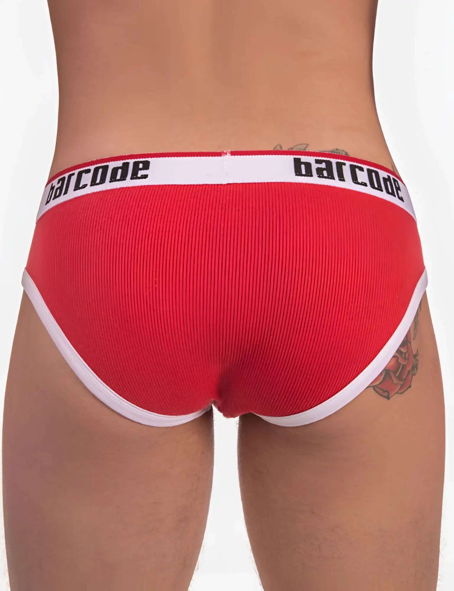 Red ribbed briefs with white trim and barcode logo on waistband Barcode Berlin Kai Rib Brief underwear size S