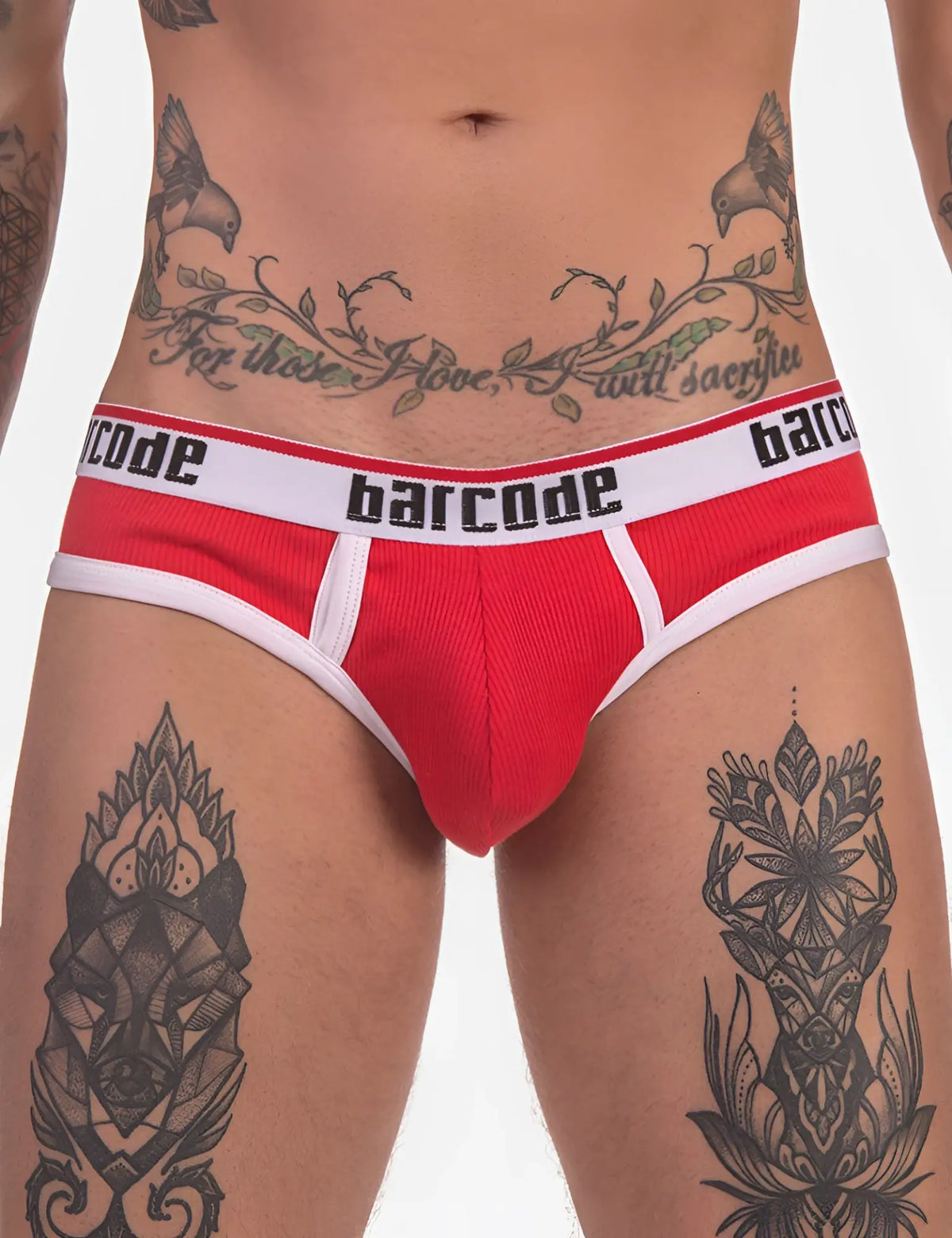 Red and white barcode berlin kai rib brief underwear with ribbed texture size s shown from front side