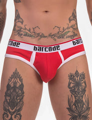 Red and white barcode berlin kai rib brief underwear with ribbed texture size s shown from front side