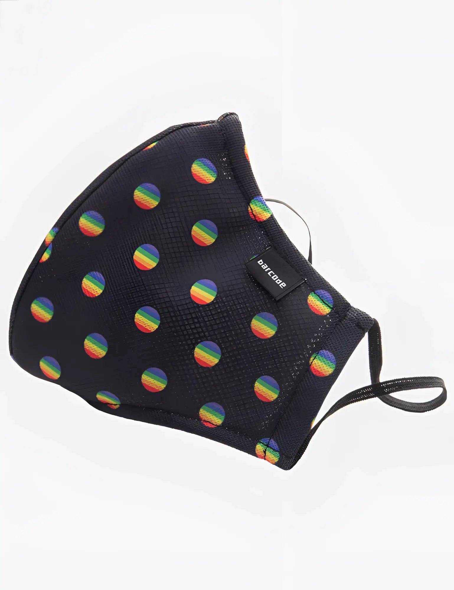 Black face mask with rainbow polka dots and a small black tag from barcode berlin major general michelinho unisex mask