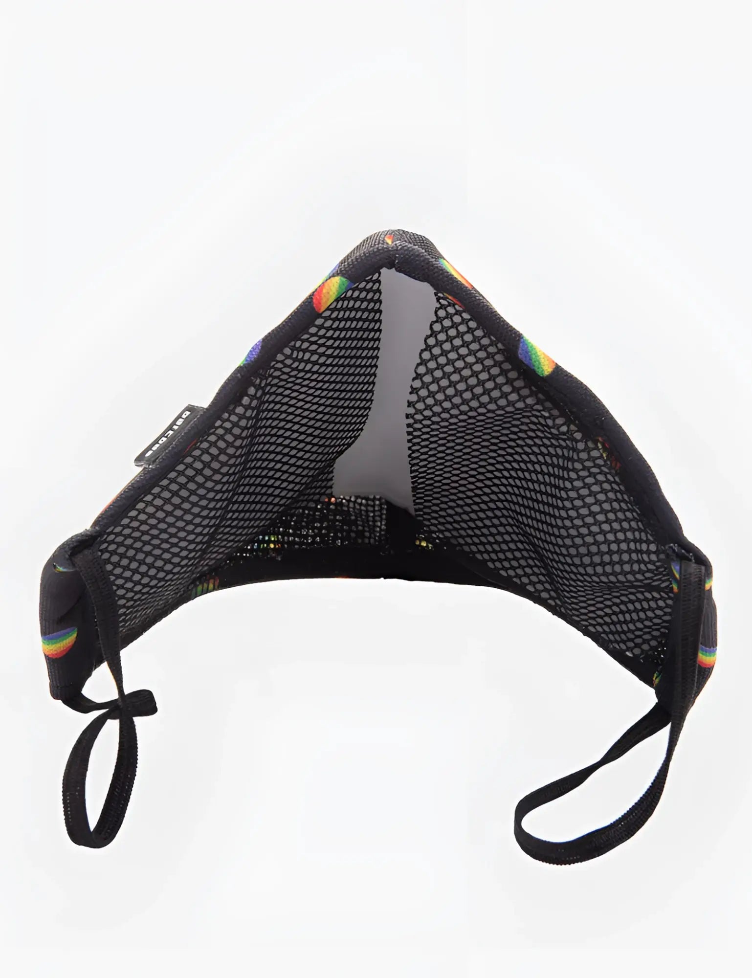 Black mesh face mask with rainbow trim and adjustable elastic ear loops by barcode berlin size one size