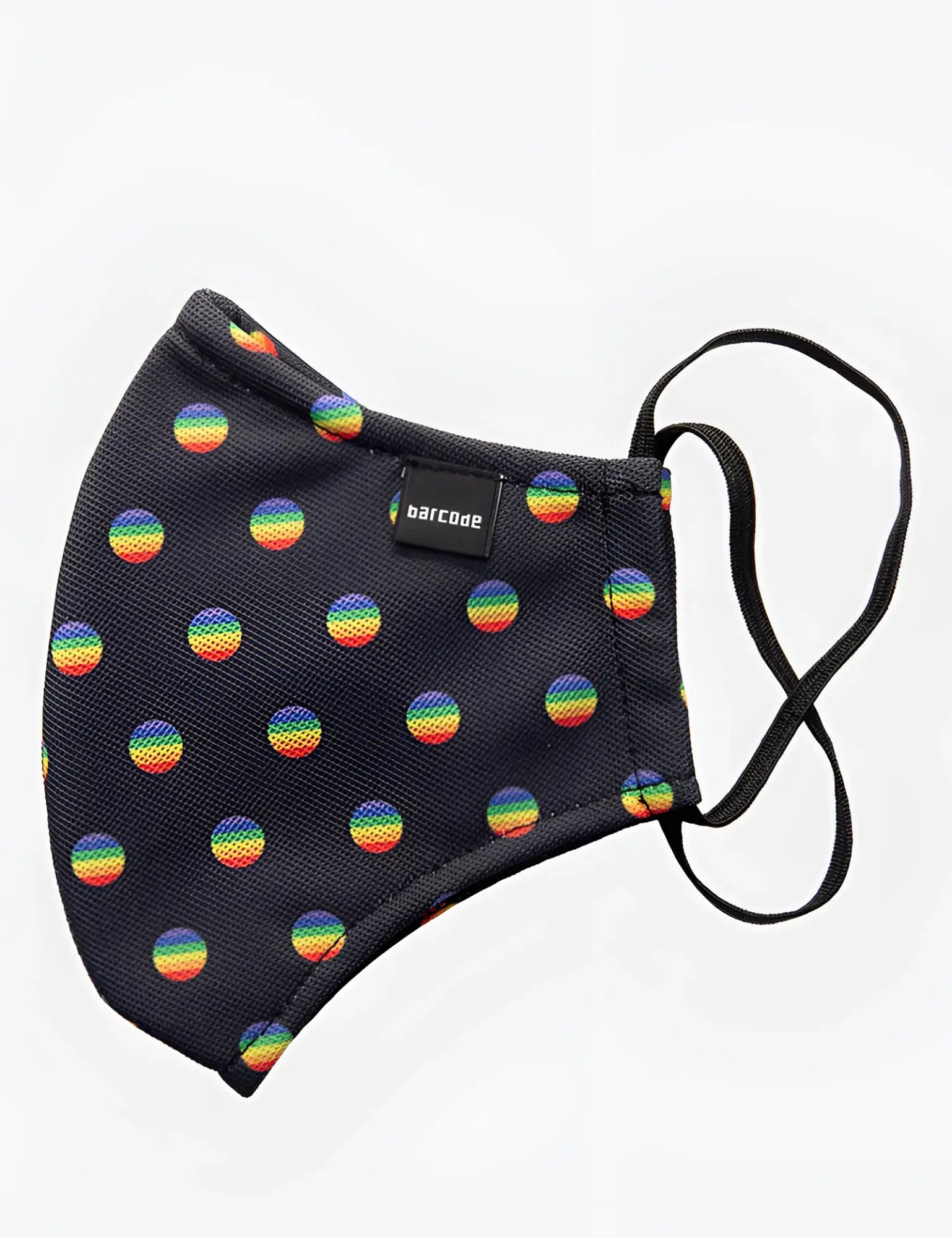 Black fabric face mask with rainbow circular patterns and black elastic ear loops by barcode berlin unisex one size