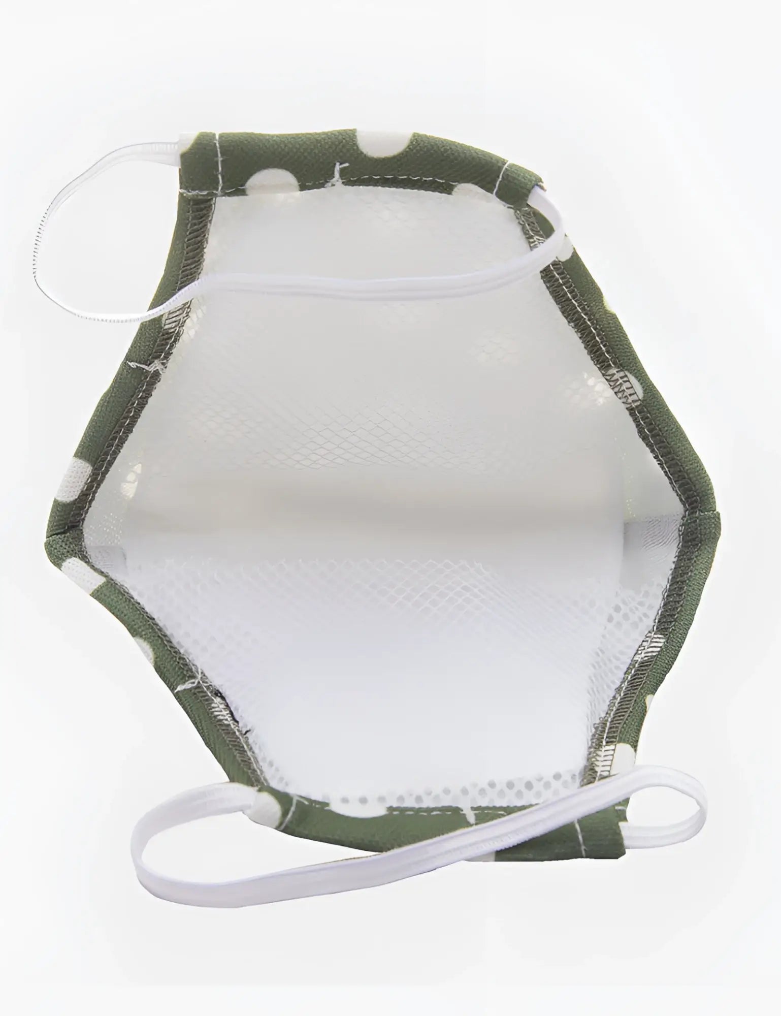 Olive green polka-dot mesh face mask with white elastic ear loops unisex barcode berlin major general michelinho