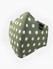 Olive green fabric face mask with white polka dots and black salcode brand tag barcode berlin unisex size one size