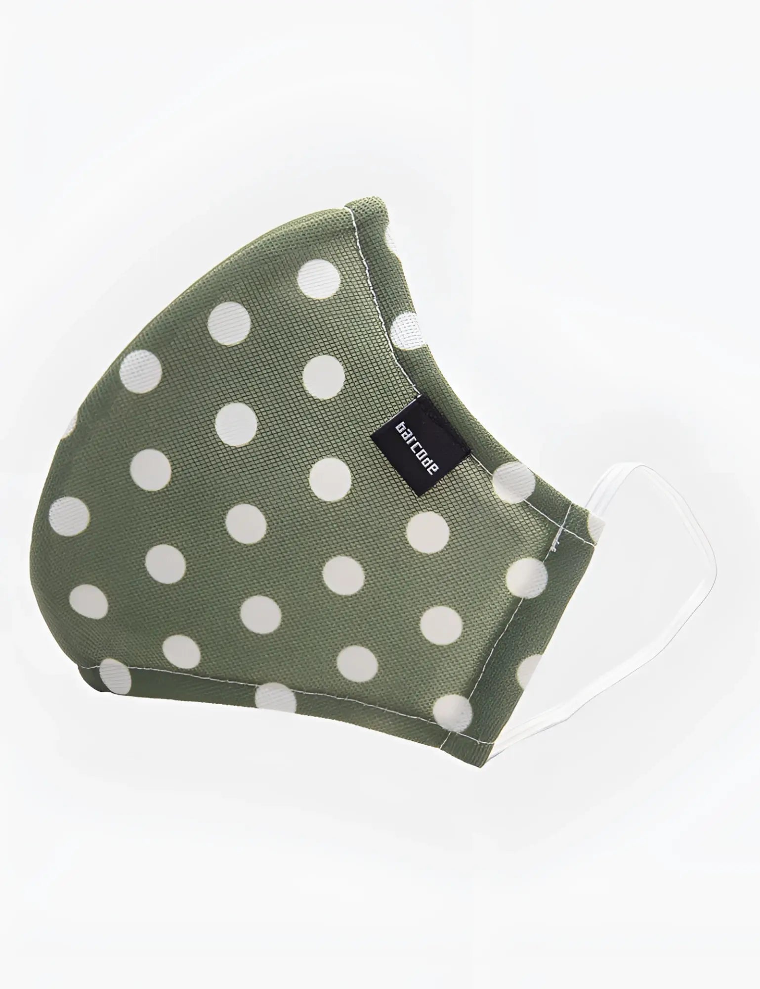 Olive green fabric face mask with white polka dots clear elastic ear loops barcode berlin unisex major general michelinho